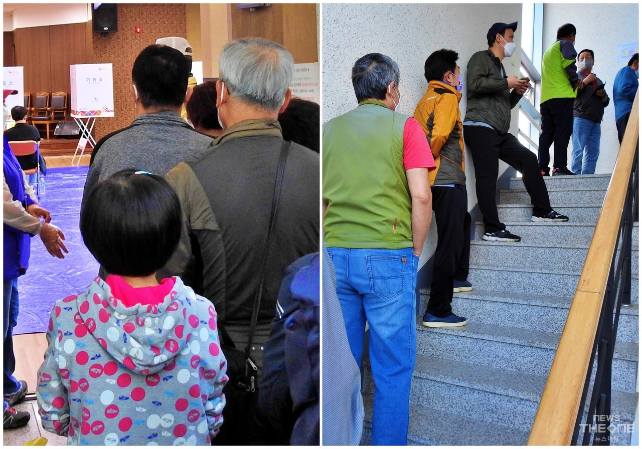 27일 오전 5시 50분쯤 청주시 상당구 금천동사전투표소 입구와 계단에서 투표를 하려고 기다리고 있는 시민들 모습. (사진=김윤수 기자)