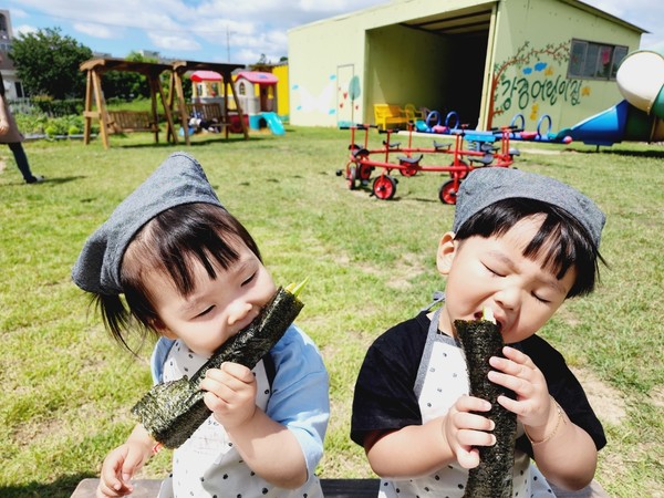 어린이급식관리지원센터 요리콘테스트, 김밥과 씨름하는 어린이들 (사진=논산시)