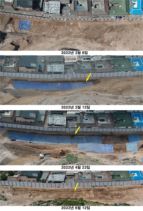 2022년 3~6월 촬영된 춘천시 소양촉진2구역 발굴현장 1지점 남쪽 전경. (사진=중도본부)