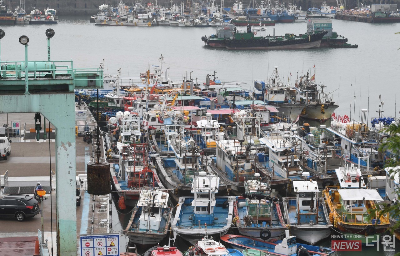 제12호 태풍 '오마이스'가 북상하는 23일 오후 인천시 중구 연안부두에 어선들이 정박해 있다. ⓒ임순석 기자