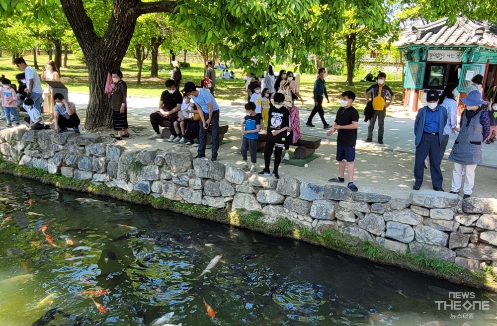 5일 남원 광한루 연못 속 잉어에게 먹이를 주며 어린이날을 만끽하고 있는 아이들. (사진=박은희 기자)