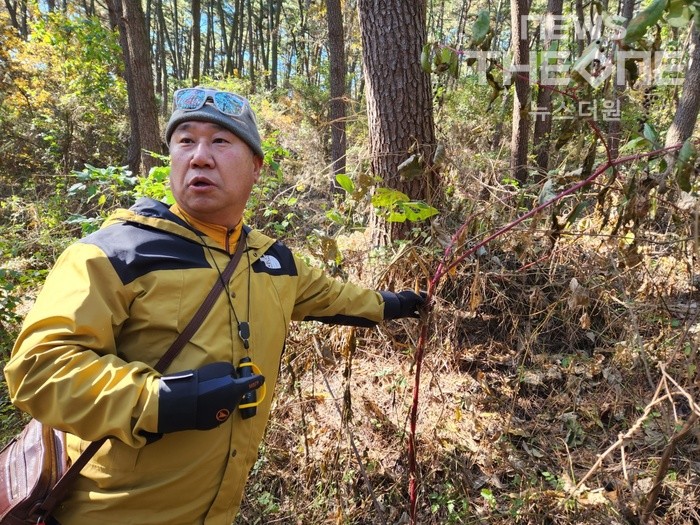 승봉도 산림욕장에 대해 설명하고 있는 정철진 숲해설가. ©장철순 기자