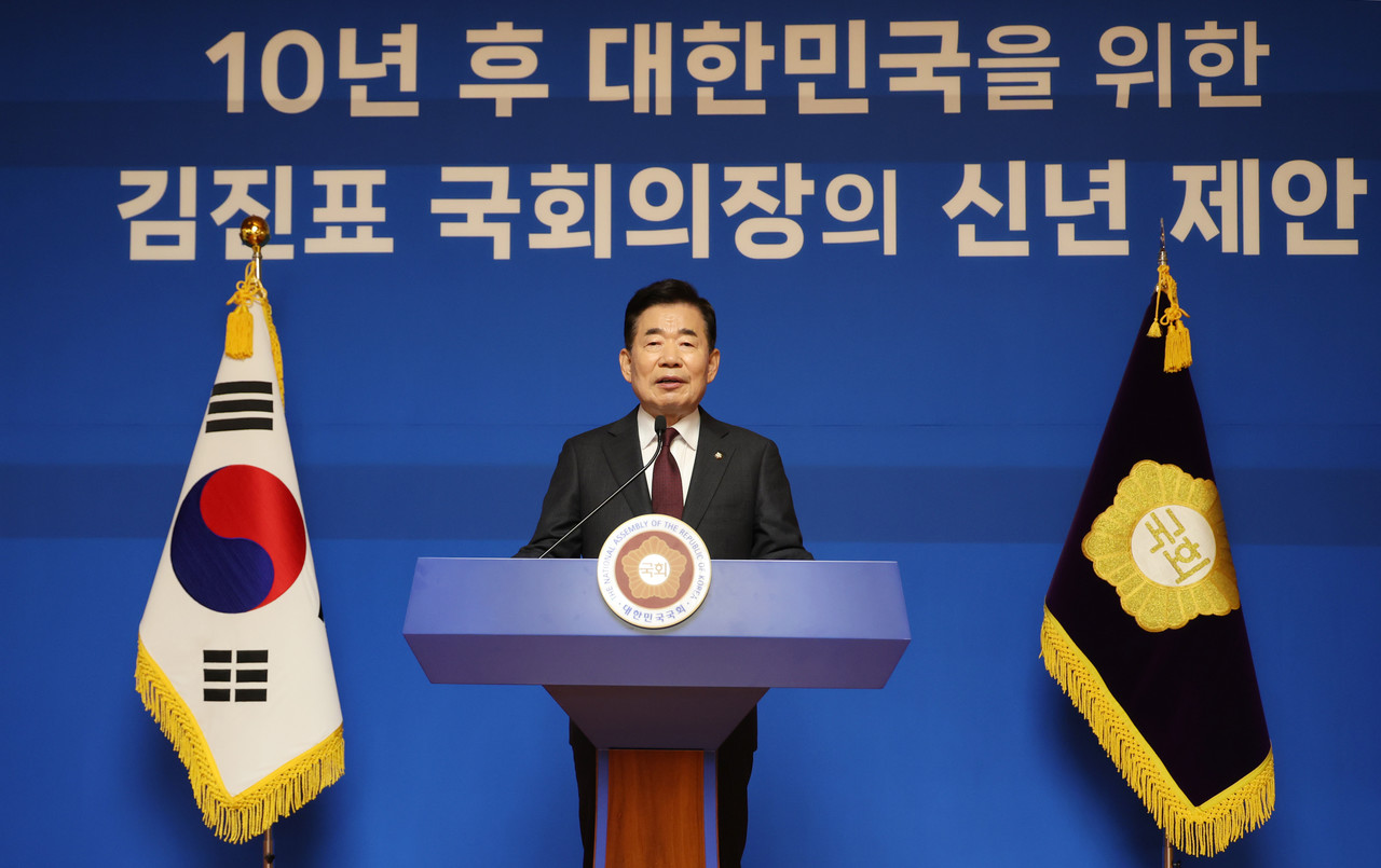 김진표 국회의장이 4일 신년 기자간담회에서 발언하고 있다.  ©국회의장실